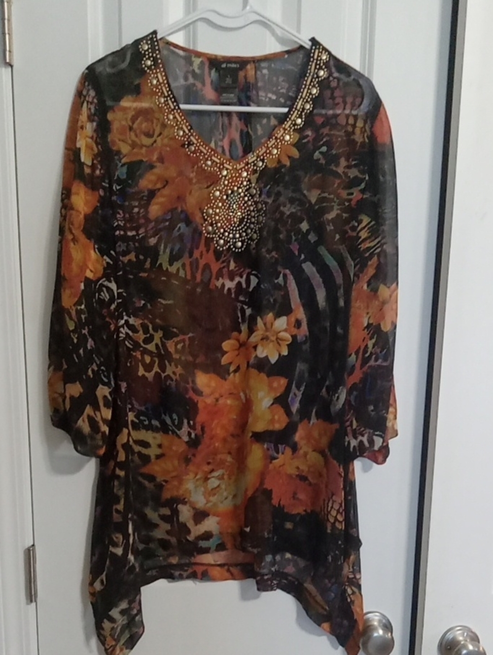 Ali Miles Sheer Black Tunic with Orange Floral Print and Beaded Neckline